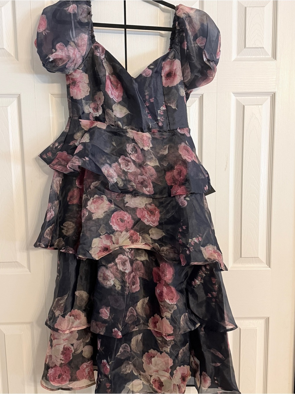 NEW Lulus Oh-So Stunning Navy Blue Floral Organza Tiered Midi Dress Sz XL FCC